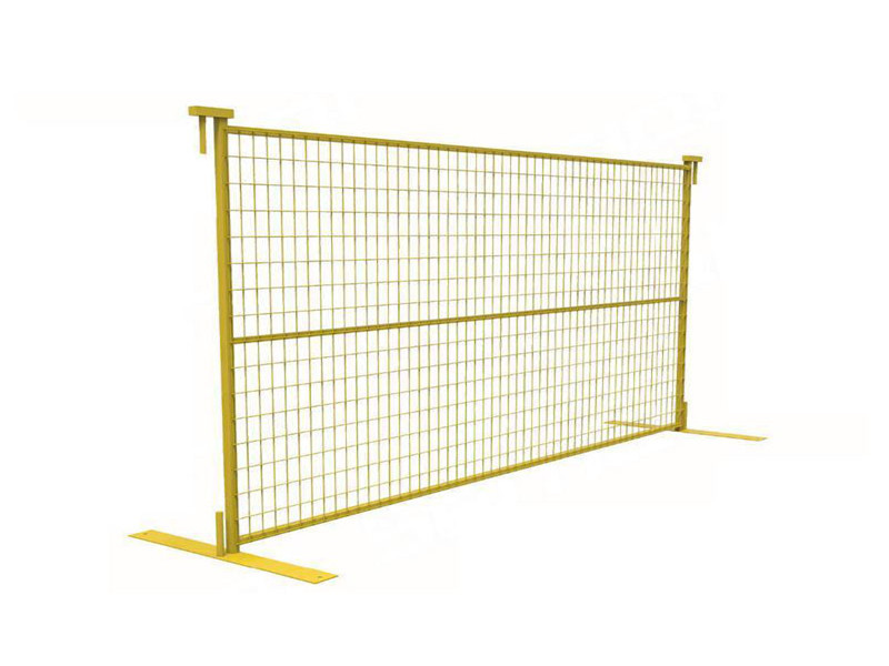 A drawing of yellow color Canada temporary fence installed with steel feet