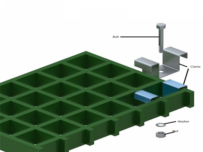 a drawing of green frp grating installed with clamp, bolt and nut