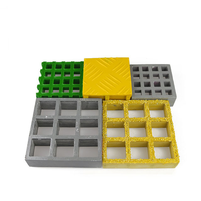 green molded grating. yellow molded grating with checker plate, grey molded grating with mini mesh, yellow frp grating