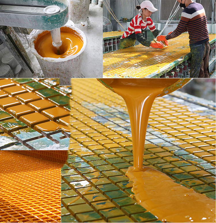 molded frp grating is produced by continuous glass strands encased and saturated in resin 5-6 times completed, then heat the mould to cure the material