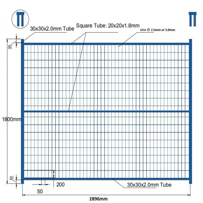 a drawing of blue temporary fence 6ft x 9.5ft size