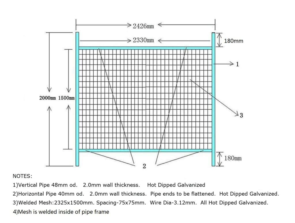 2000x2426mm temporary fence panel drawing