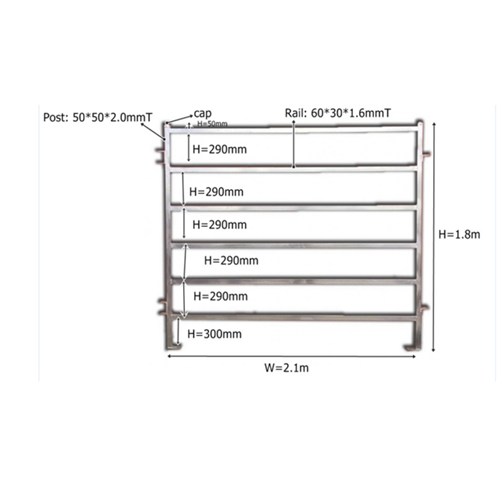 a drawing of 1.8x2.1m 6 rails horse panels with data