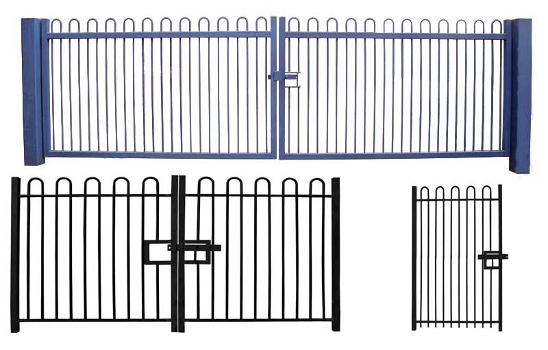 Single swing and double swing powder coated bow top metal gates