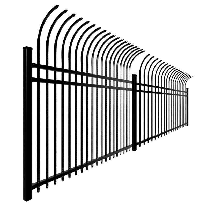 a picture of bending top black steel picket fence