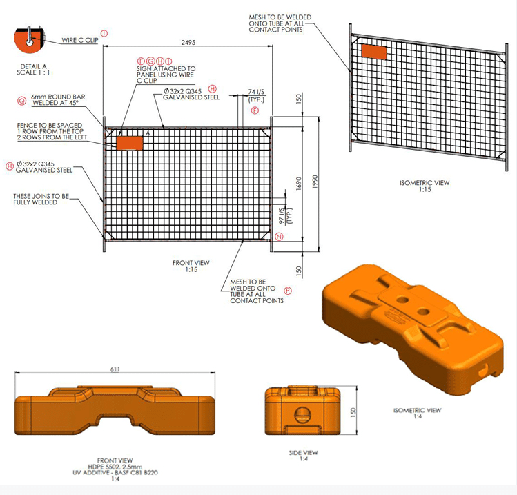 un dessin de clôture temporaire et de pieds orange