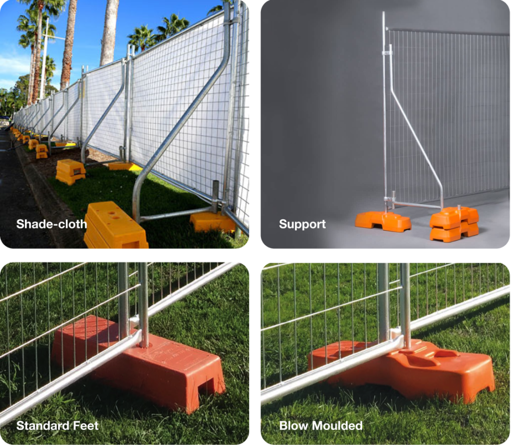 The bracing, plastic feet, steel clamps for temporary fence