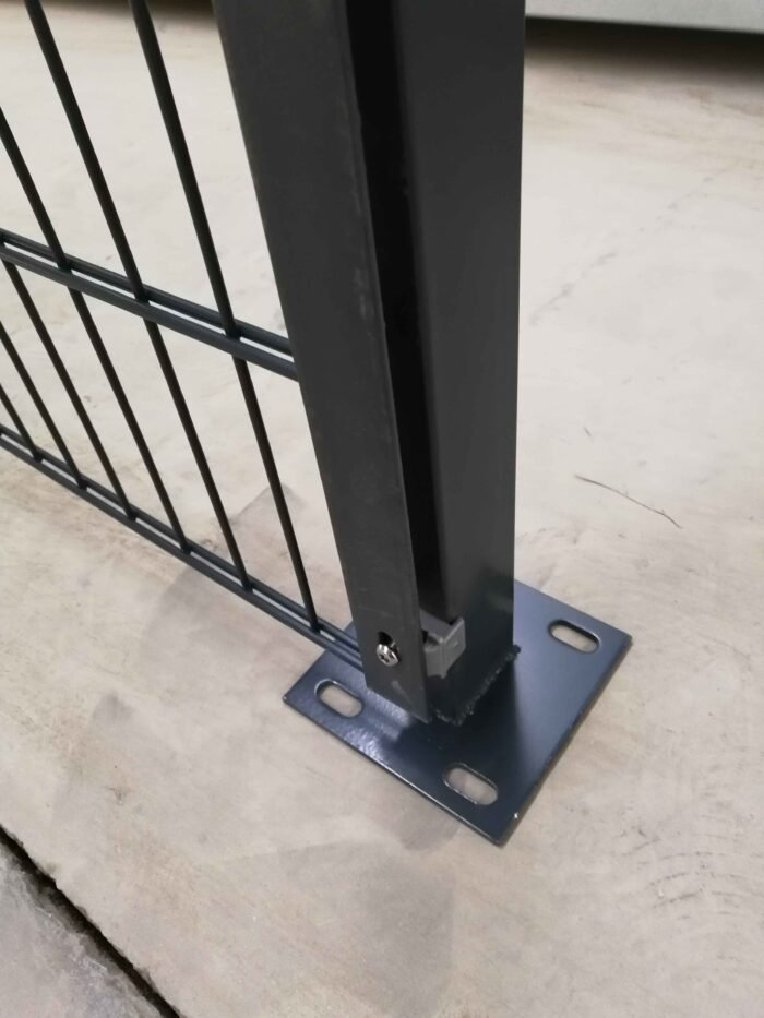 The powder coated black post baseplate for double wire fence