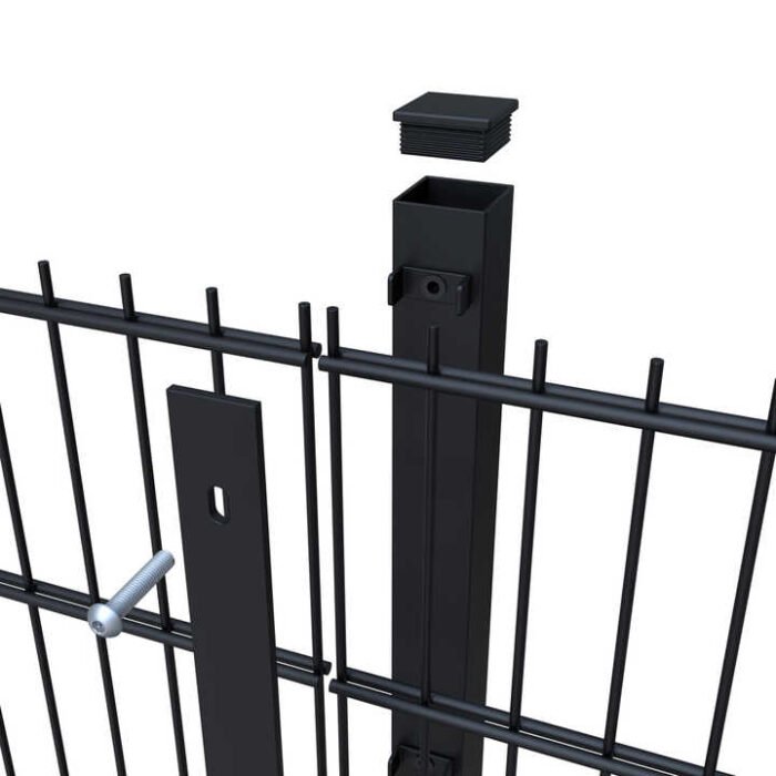 The powder coated black double wire fence with post , cap, and steel bar.