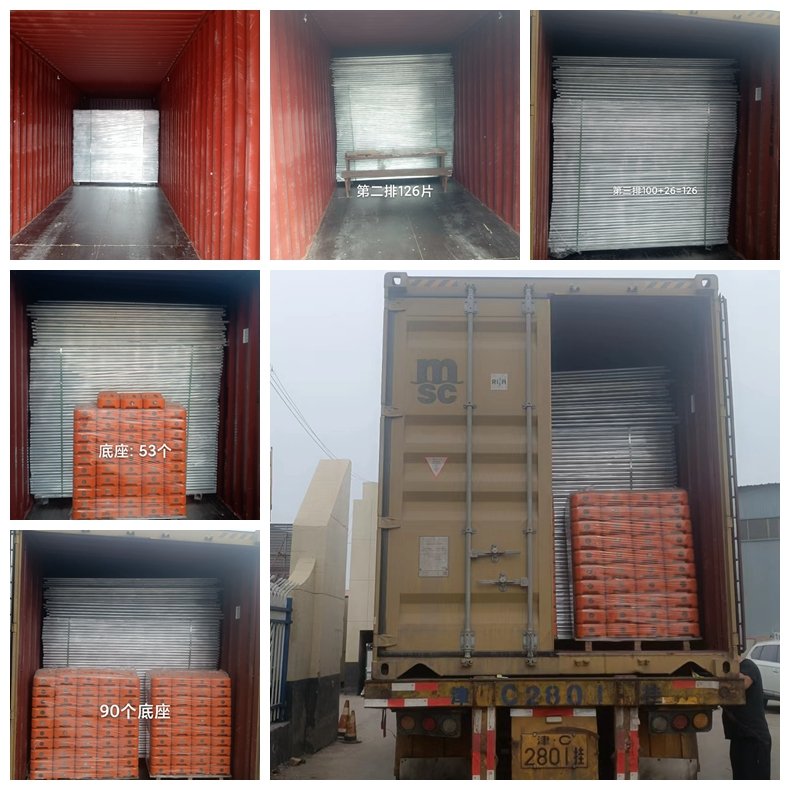 Temporäre Zaunelemente, Kunststofffüße und Stahlklammern, verladen in Container