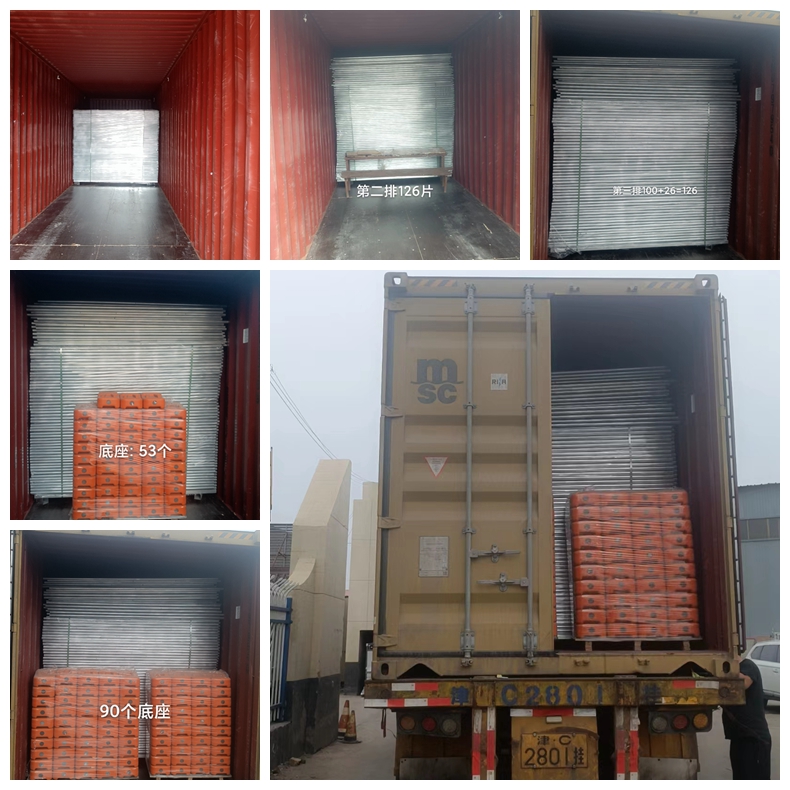 Temnporary fence panels, plastic feet, and steel clamps loaded into containers