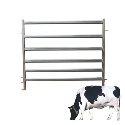 A galvanised cattl fence panel with a cow