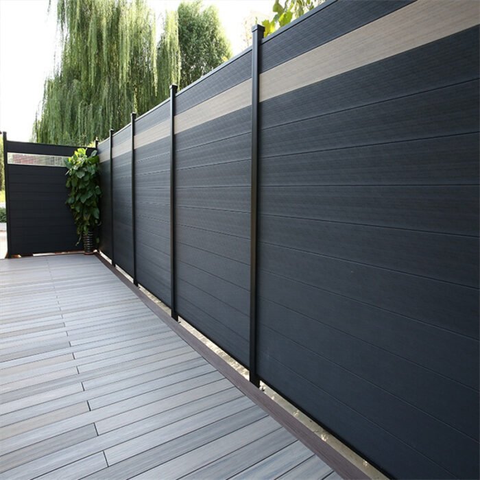 The grey colof of fence panels plastic wood in the outdoor