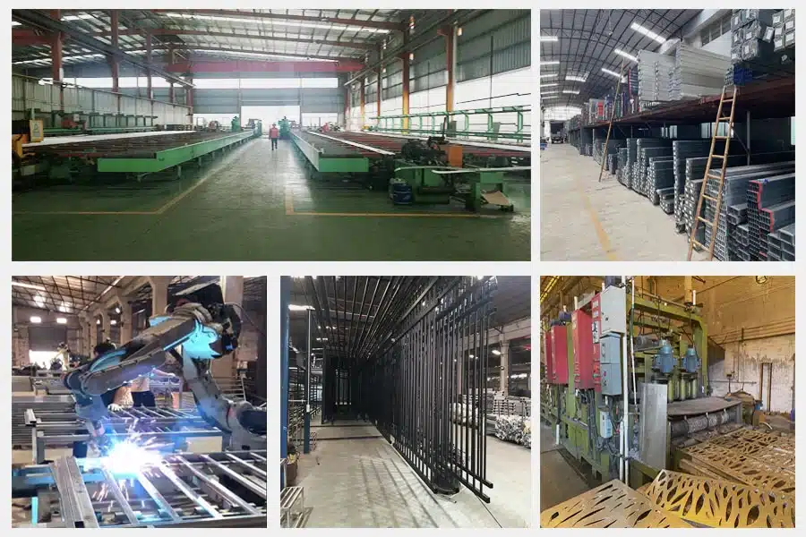 Busy factory floor: Tubular steel fence production in action