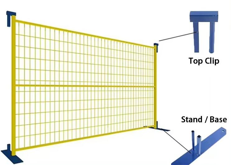 Les panneaux de clôture temporaires jaunes avec dessus et supports en acier.