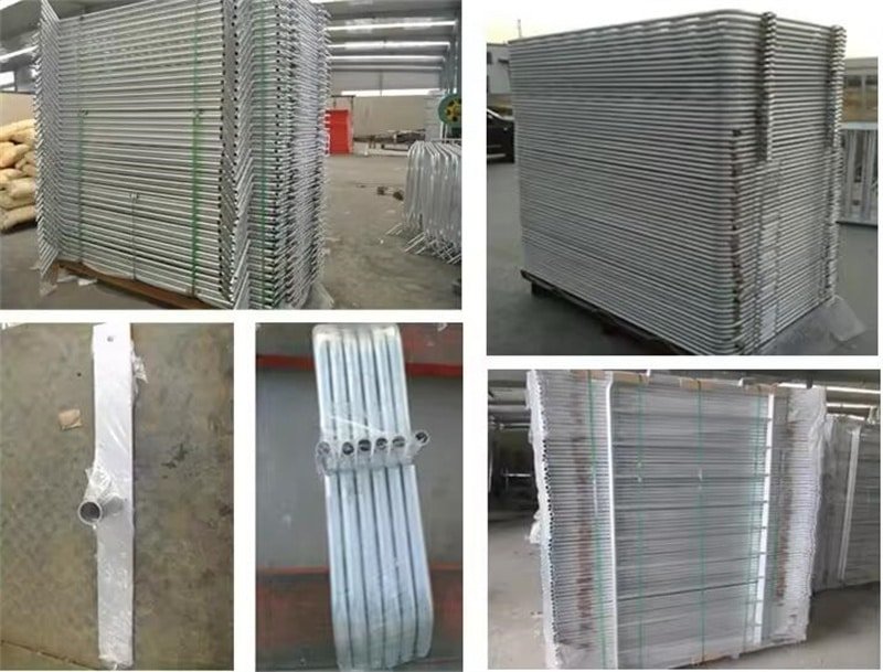 Heavy-duty crowd control barriers with interlocking hooks and solid bases, ready for shipping.