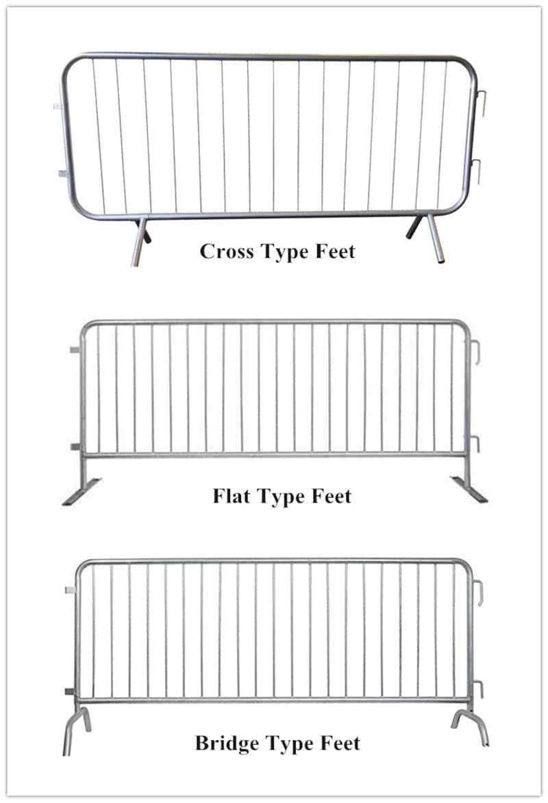 a drawing of showing Crowd control barriers with flat feet, brideg feet, and cross feet.