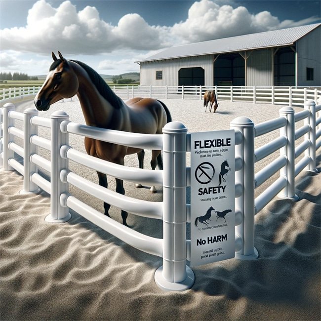 Here is the image showcasing the flexible PVC post and rail fencing, emphasizing its safety features and ability to withstand pressure from leaning horses.