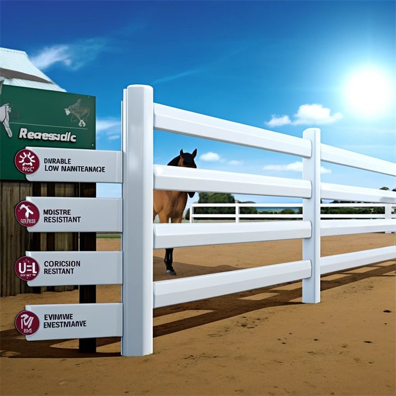 Here are the realistic images showcasing the material of PVC horse fencing, highlighting its durability, low maintenance, moisture and corrosion resistance, and UV protection.