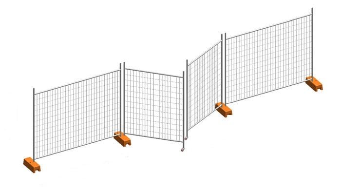 a drawing of double swing wheeled vehicle access temporary fence gate with panels installed together.