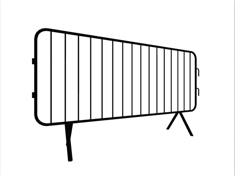 a drawing of black powder coated crowd control barriers with cross base