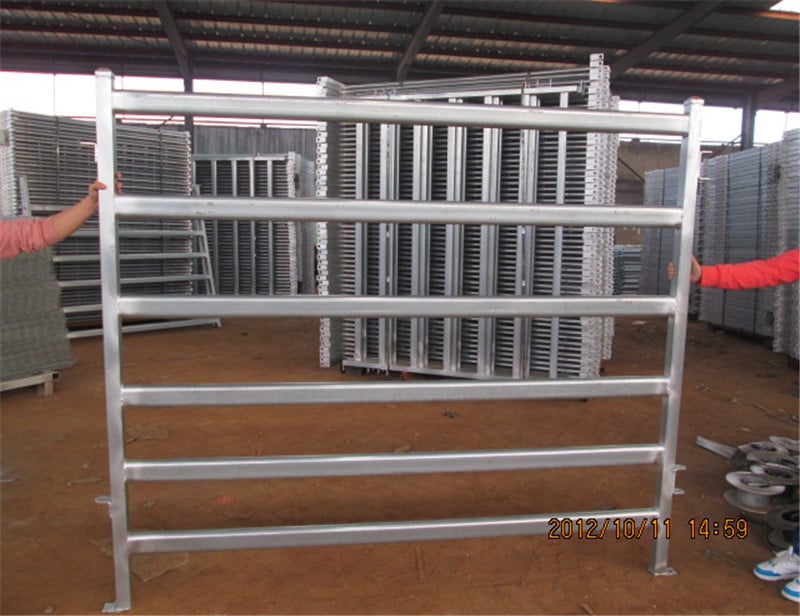 6 rails of livestock panels for cattle stands in front of packed pallets.