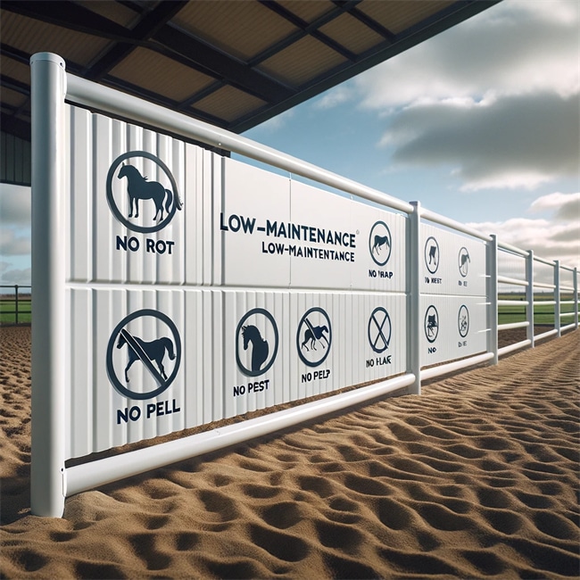 Here is the updated image emphasizing the low-maintenance features of the PVC fencing.