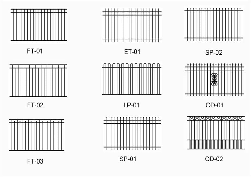 Diagram showing nine different styles of aluminum pool fences, each with unique designs and labeled as FT-01, FT-02, FT-03, ET-01, LP-01, SP-01, SP-02, OD-01, and OD-02. 