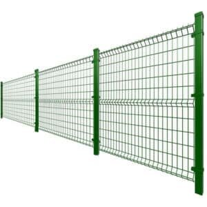 Green V mesh fencing installed in a row, demonstrating its robust and secure design with vertical and horizontal wires forming a V-shaped pattern for enhanced strength and durability.