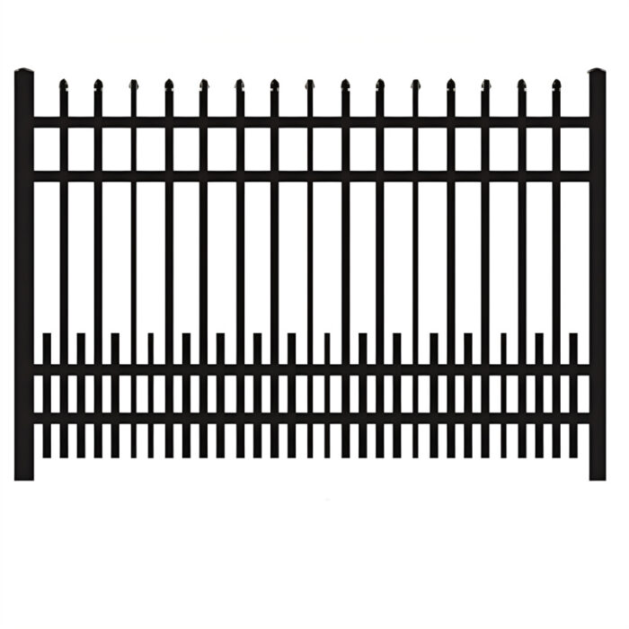 A close-up of a decorative black aluminum spear top fence panel with additional vertical bars at the bottom.