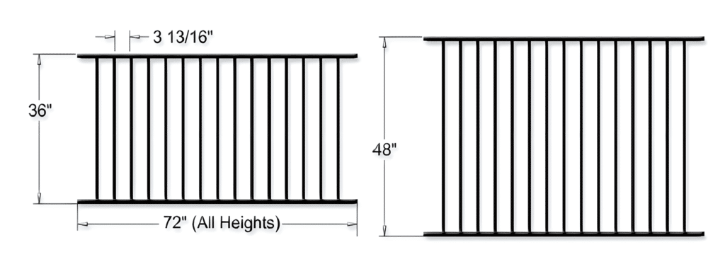 Diagram of two flat top aluminum fence panels with dimensions. The left panel is 36 inches tall and 72 inches wide with picket spacing of 3 13/16 inches. The right panel is 48 inches tall and 72 inches wide.