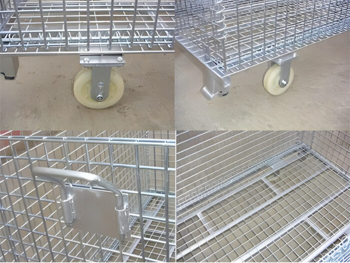 Close-up views of stillage cage features, including wheels, handles, and base structure.