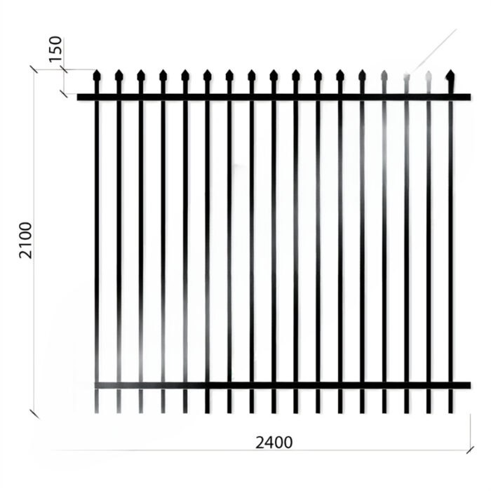 A dimensioned diagram of a black aluminum spear top fence panel, showing 2400mm width and 2100mm height.