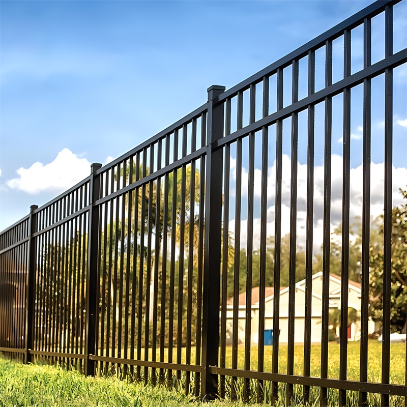 Black aluminum flat top fence installed around a residential swimming pool, providing safety and a stylish appearance with vertical slats and decorative top rings. A large house and green lawn are visible in the background.