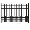 A close-up of a decorative black aluminum spear top fence panel with additional vertical bars at the bottom.