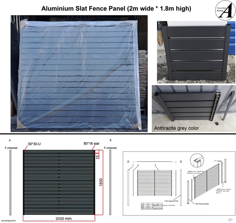 Diagram and images of an aluminium slat fence panel measuring 2 meters wide by 1.8 meters high. The panel features horizontal slats with a 15mm gap and is shown in anthracite grey color. The diagram includes detailed dimensions and assembly instructions, highlighting components like F-channels, 80x16mm slats, and post options for in-ground or base mounting.