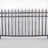 A decorative black aluminum spear top fence panel with finials and an ornamental design at the top.