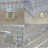 Close-up views of stillage cage features, including wheels, handles, and base structure.