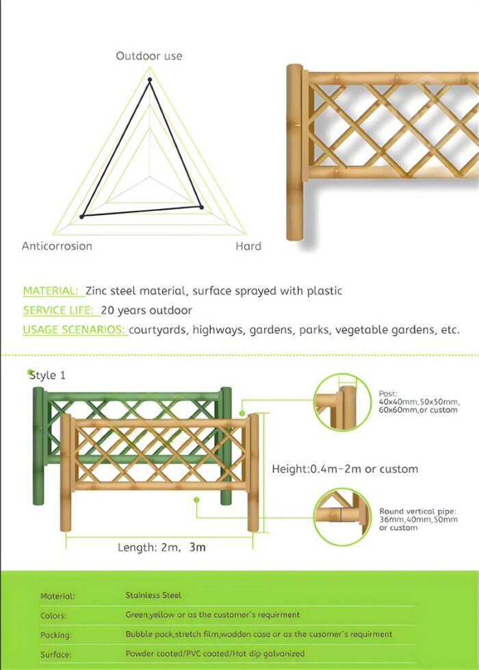 A close-up view of a green stainless steel bamboo-style fence panel with crisscrossed bars, showcasing its durability and unique design.