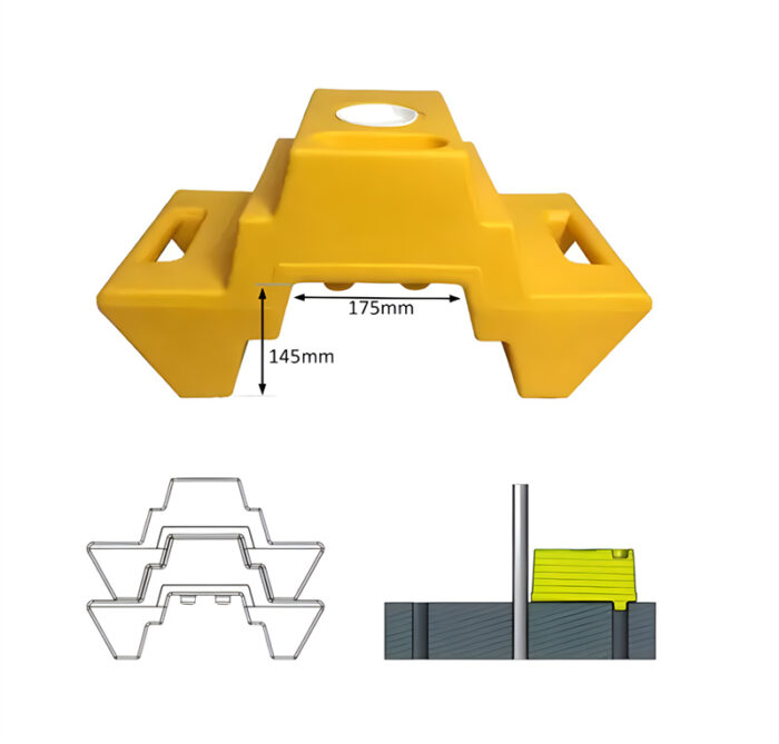 Maßbilder eines gelben Schotterblocks der DB Zaunbau mit 175mm Breite und 145mm Höhe, dazu Abbildungen zur Stapelung und Anwendung des Blocks.