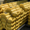 Many of the yellow heras step blocks are packaged in pallets.