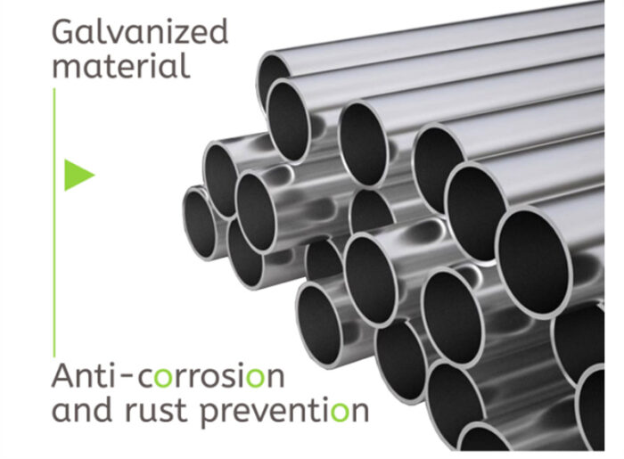 Ilustración del material galvanizado utilizado en el panel de cerca de bambú, enfatizando sus propiedades anticorrosión y prevención de óxido.