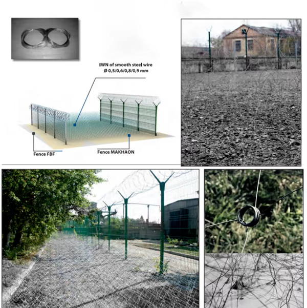 Installation of wire mesh tank obstacles along a secured perimeter, illustrating their use in creating a low-visibility barrier to impede unauthorized vehicle access.