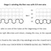 Diagram detailing the process of winding the first row with 0.9 mm wire for creating a tank track mesh, emphasizing the importance of not cutting the wire after each row.