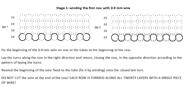 Diagram detailing the process of winding the first row with 0.9 mm wire for creating a tank track mesh, emphasizing the importance of not cutting the wire after each row.