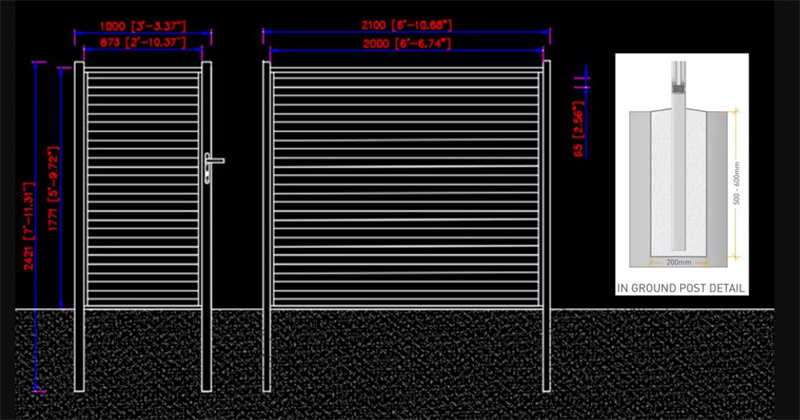 Detailed diagram showing the dimensions and structure of a custom aluminum fence panel with in-ground post details.