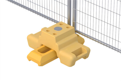 Yellow DB Fencing ballast block securely holding a temporary fence in place.