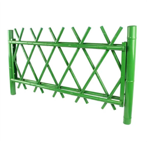 Green stainless steel bamboo-style fence panel with crisscross design for decorative and functional garden or outdoor space applications.