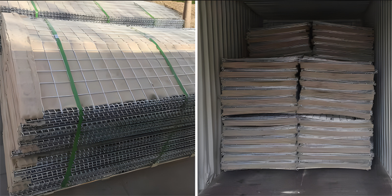 Close-up view of hesco barriers stacked and secured with a green strap, ready for transportation.