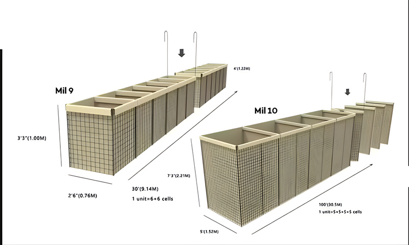 A detailed diagram of Mil 9 and Mil 10 Hesco barriers, displaying the measurements and layout for these units. Mil 9 is depicted as 3'3" (1.00m) wide, 2'6" (0.76m) deep, and 7'3" (2.21m) tall, with a total length of 30' (9.14m). Mil 10 is larger, showing dimensions of 5' (1.52m) wide, 4' (1.22m) deep, and 100' (30.5m) long.